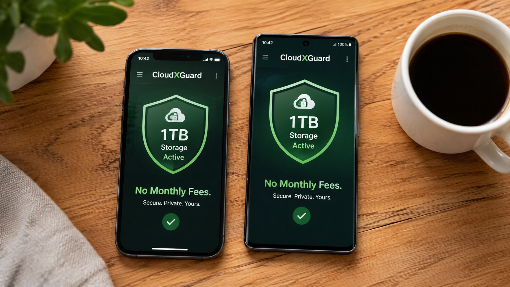 An iPhone and an Android phone both showing 1TB of CloudXGuard storage active with no monthly fees